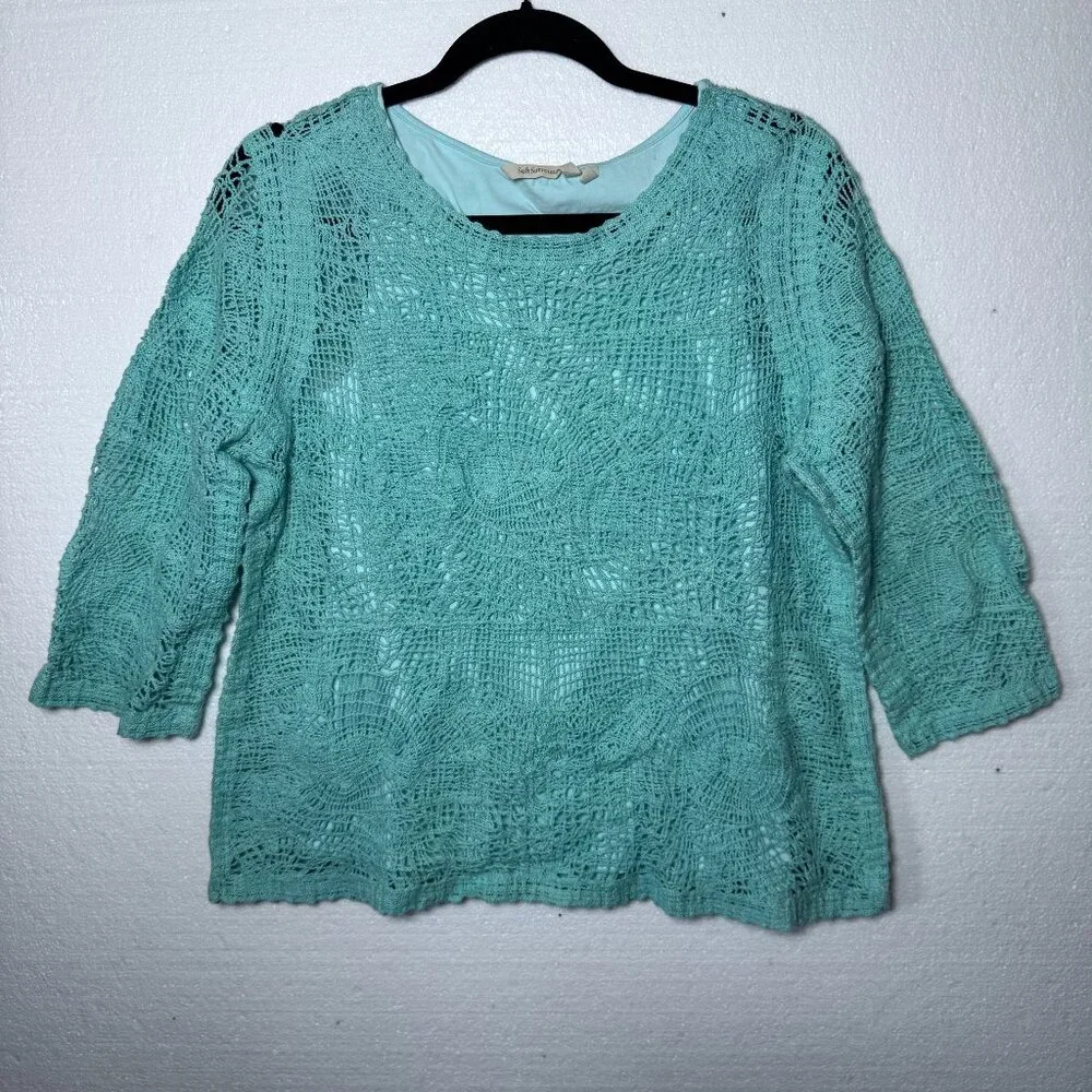 Soft Surroundings Womens Medium Aqua Blue Crochet Boho Pullover Top 3/4 Sleeve